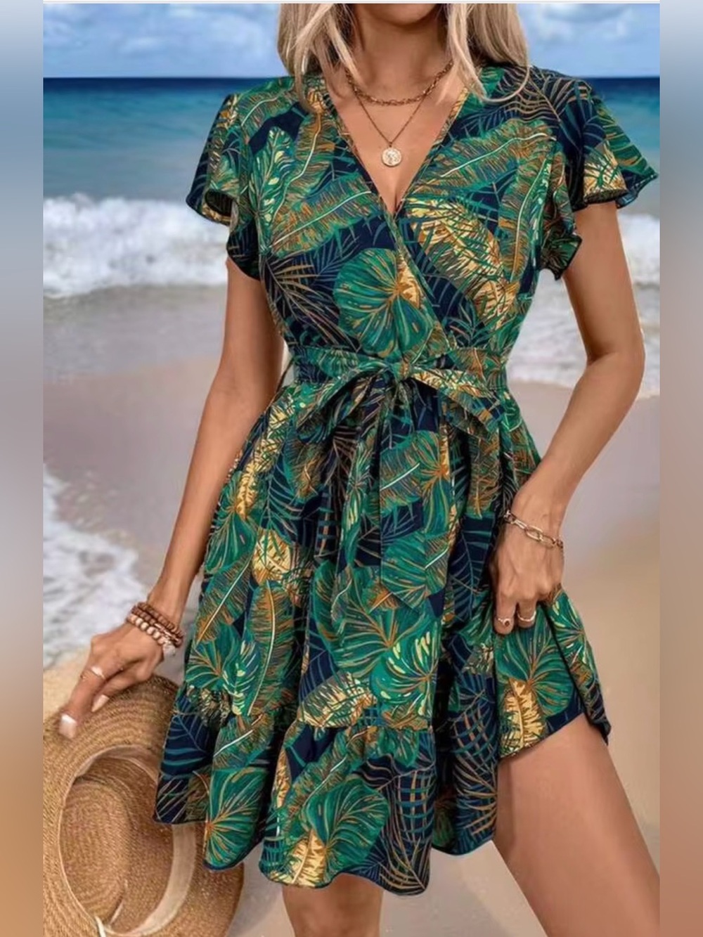 Green Tropical Leaf faux Wrap Midi Dress with Tie Waist